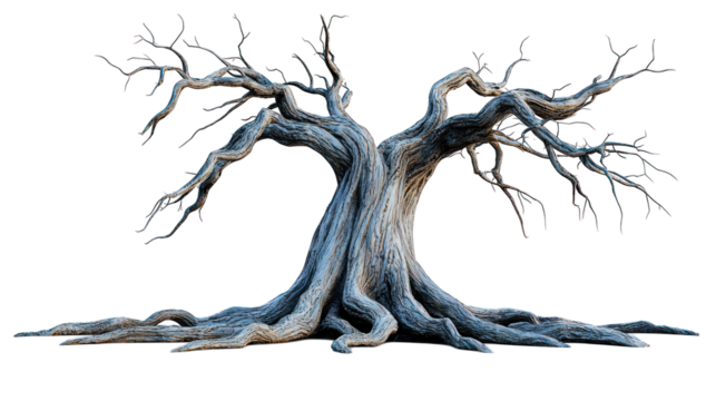Gnarled, leafless tree, ghostly blue, against black background