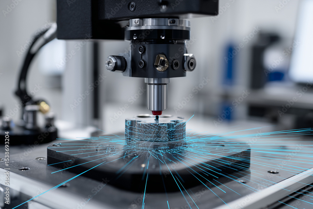 Fototapete a structured light 3d scanner is capturing a detailed scan of a small mechanical part on a turntable