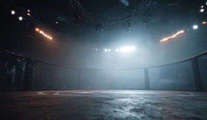 An MMA arena features an octagonal cage surrounded by a concrete floor with lights overhead creating a misty atmosphere
