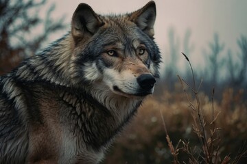 Obraz premium Wolf head portrait in natural habitat with detailed fur and foliage