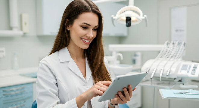 Smiling female dentist using tablet in modern dental clinic office healthcare technology