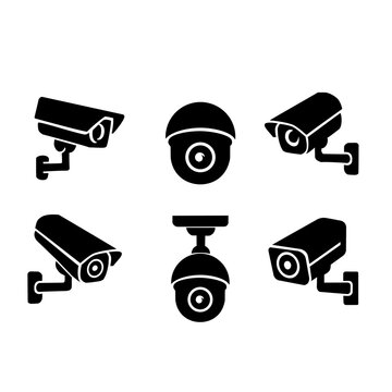 Vector illustration of six CCTV security camera icons in black silhouette, each uniquely designed and positioned to represent modern surveillance equipment