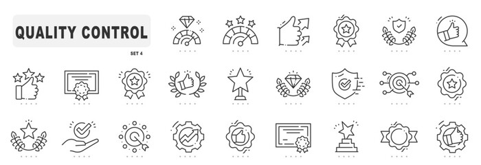 Quality control related line icons. Check, review, approve, checkmark, star etc. Editable stroke