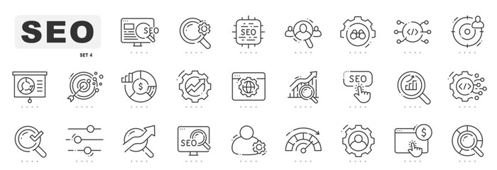 SEO related line icons. Search, marketing, research, optimize etc. Editable stroke
