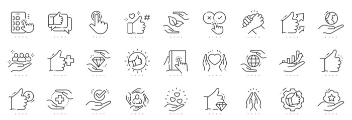 Hands line icons. Point, finger, book, handshake etc. Editable stroke