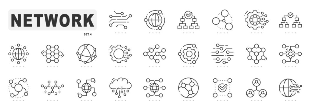Network related line icons. Connect, group, link, net, team etc. Editable stroke