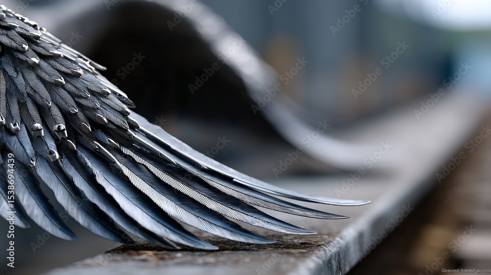 Poster detailed close-up of a metallic wing, showcasing intricate feather-like structures