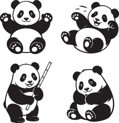 Panda silhouette set vector illustration isolated On Transparent Background