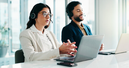 Laptop, talk and woman in call center for telemarketing, insurance sales and lead generation. Computer, agent and communication for outbound marketing, coworking or follow up question for B2C email