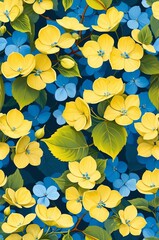 Hydrangeas on yellow background cartoonish seamless pattern