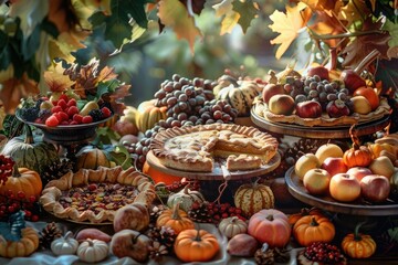 Ultra Quality Image of Autumn Harvest Table with Pies, Fruits, and Pumpkins