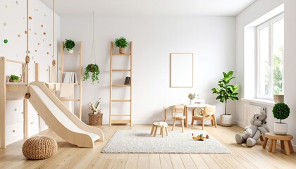 Kid’s Playroom with Climbing Wall, Slide, and Scandinavian Modern Design Interior