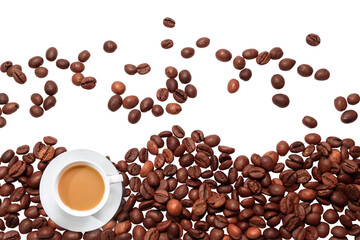 Falling coffee beans and white cup of coffee isolated on white background with clipping path