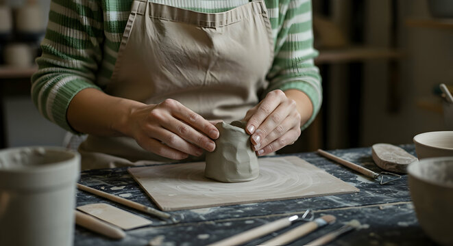 Artisan hands shaping clay pottery in workshop crafting unique handmade ceramic art