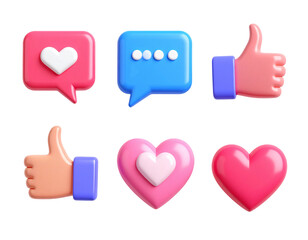 3d rendered social media icons hearts likes comments isolated on a white background