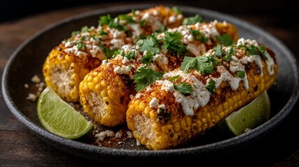 Grilled elote topped with mayo cheese and chili.