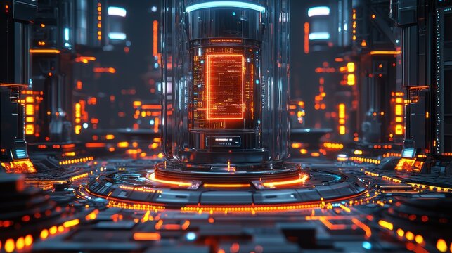 Futuristic, glowing tech cylinder on a platform