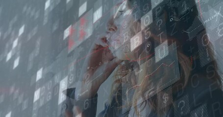 Receiving call, female exec lifting smartphone and discussing financial data with animated overlay - Powered by Adobe