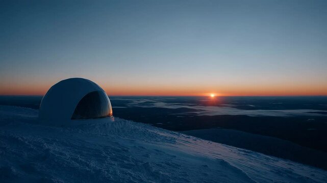At the summit of a snow covered mountain, a modern white igloo dome sits overlooking a stunning sunset.