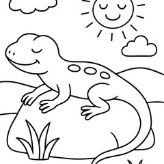 A cheerful lizard basks in the sun atop a warm rock, drawn in a simple black-and-white outline for easy coloring.