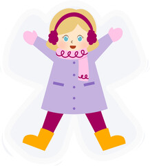 child making snow angel in winter