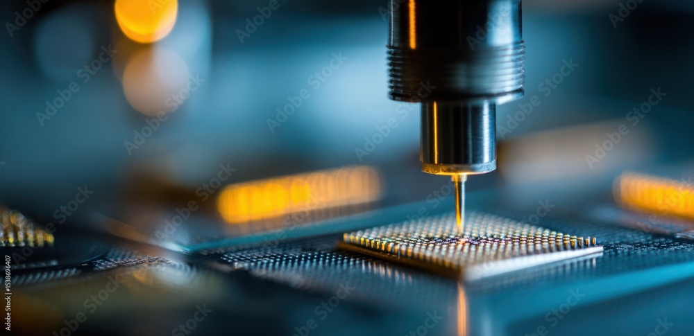 Poster a probe analyzes a cpu chip on a circuit board set against a blurred industrial backdrop