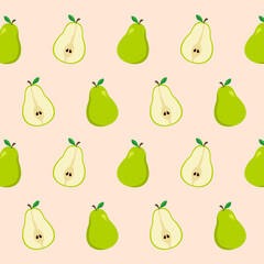 Green whole and half pear seamless pattern. Fruit cartoon. Cute food illustration for paper wrapping, wallpaper, kitchen element, and fashion fabric