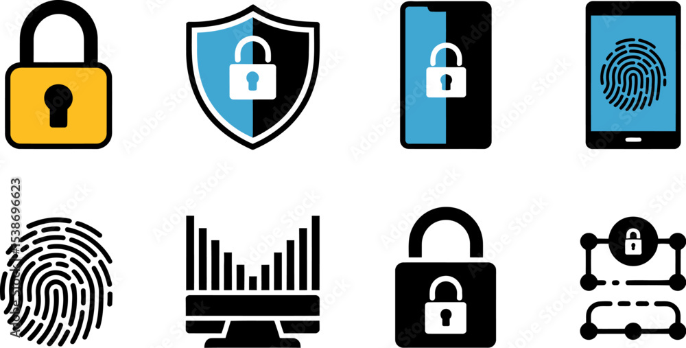Poster security icons set for data protection and cybersecurity with lock shield fingerprint and graph desi