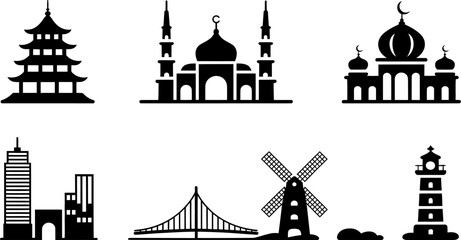 Vector icons of famous landmarks buildings architecture travel tourism silhouette symbols and destinations editable stock vector illustration