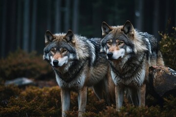 Fototapeta premium Two Wolves Standing Alert in a Forest Landscape