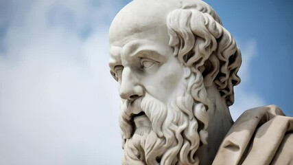 Close-up of a marble statue of a bearded, bald man with flowing hair in front of a blue cloudy sky.