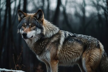 Obraz premium Gray Wolf Standing in a Snowy Forest Observing its Surroundings During Wintertime
