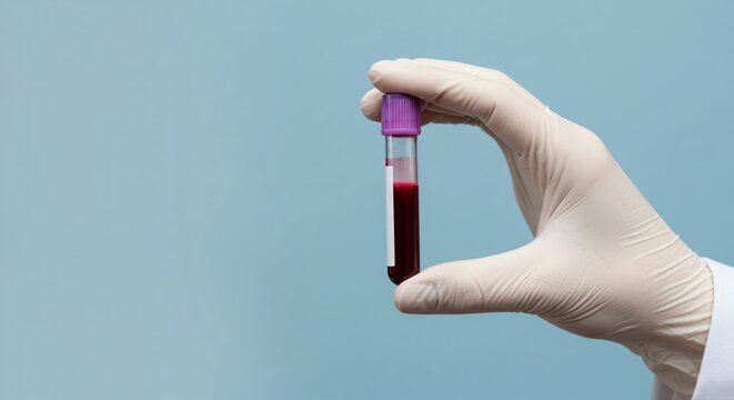 Doctor&rsquo;s hand wearing a white medical glove holding a blood sample tube against a blue background. Medical analysis concept.