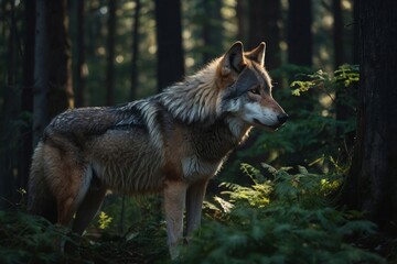 Obraz premium Majestic Wolf Standing Alert in a Dense and Mysterious Forest Environment