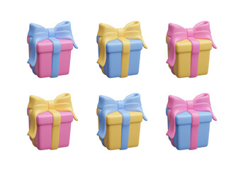 Colorful birthday gift boxes with ribbons and bows isolated on white background 3D vector icon set. Square gift boxe, surprise present, free win prize wrapped. Happy birthday celebration decor 3D set.