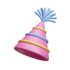Pink striped birthday hat with colorful stripes and tassel 3D style vector illustration. Triangle cone birthday cap surprise party decor element. Festive cone hat 3D icon.