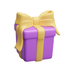 Purple gift box with yellow ribbon and bow 3D style vector render isolated on white background. Colorful win prize secret box for happy birthday celebration party. Happy holiday decor element 3D icon.