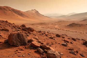 Panoramic View of Martian Landscape with Red Sands and Rocky Terrain