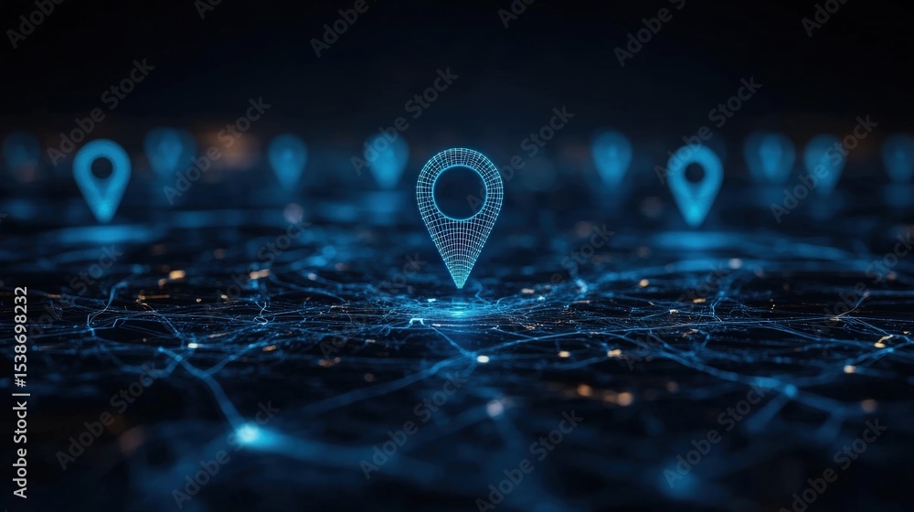 Poster digital map with glowing blue location pins connected by a network, symbolizing geolocation and conn