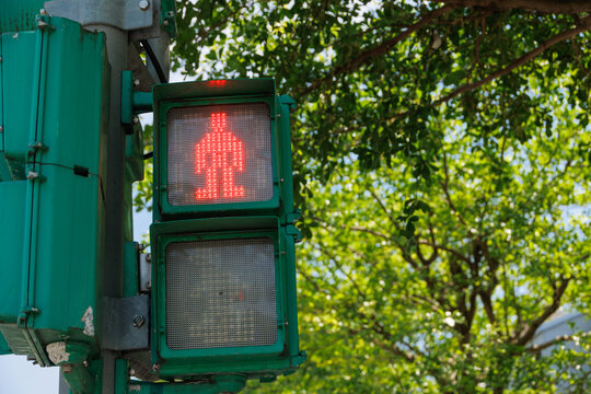 Fototapeta pedestrian stop sign red light for signal to people to waiting and stop crossing the road in Taiwan