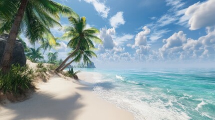 Fototapeta premium Serene Tropical Beach with Clear Water, Lush Palm Trees, and Soft White Sand Under a Bright Blue Sky