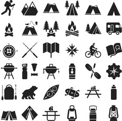 Camping, outdoor adventure icon set. Vector glyph pictograms of eco-tourism, tent, backpack, campfire, compass, kayak, hiking, travel, wilderness exploration black silhouette illustration.