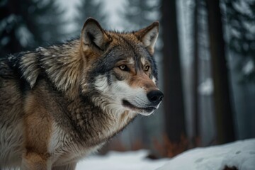 Fototapeta premium Portrait of a Timber Wolf in a Snowy Forest Environment Staring to the Right