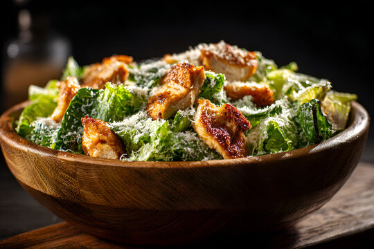 Caesar salad with grilled chicken and parmesan cheese in wooden bowl