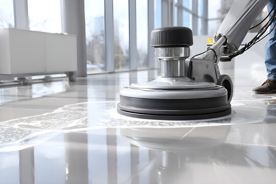 Cleaning service worker using floor polishing machine in modern office building