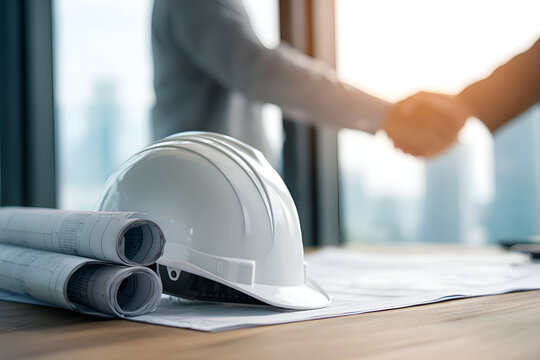 Engineers shaking hands after closing a deal in a modern office