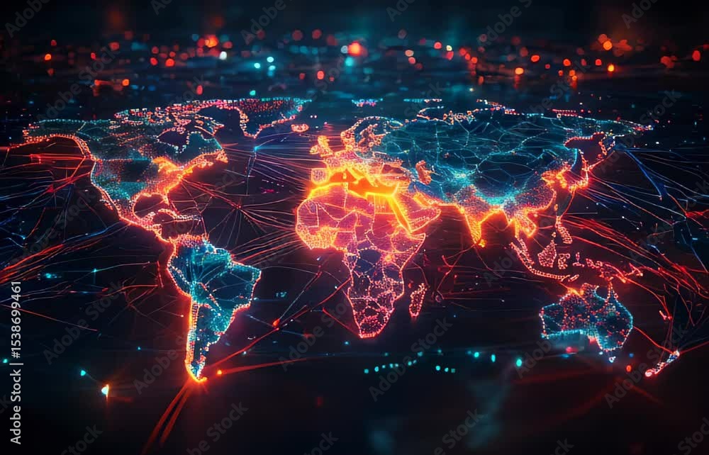 Poster global network. digital map. technology background. neon lines. glowing connections. data visualizat