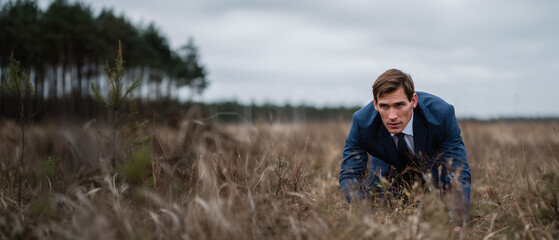 Crawling man in a blue suit in a field under overcast sky surrounded by trees, showcasing determination and resilience during a challenging outdoor moment