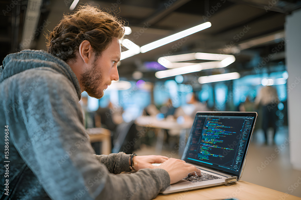 Poster focused software developer working on code in busy office