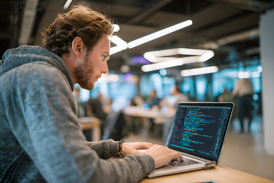 Focused software developer working on code in busy office
